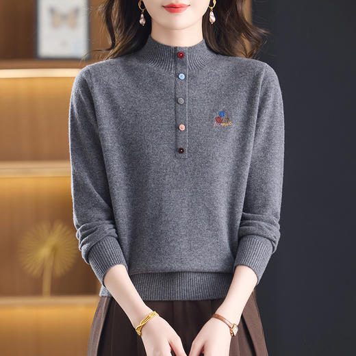 CC100纯羊毛女秋冬套头半高领打底针织衫刺绣长袖毛衣宽松大码上衣 商品图2
