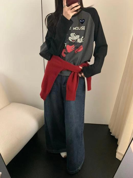 D123024休闲百搭黑色拼接撞色卡通印花长袖T恤上衣 商品图3