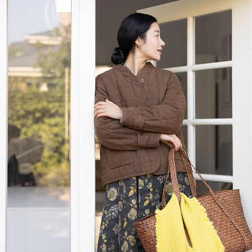 绽放051朵/方正棉服·色织亚麻方格绗棉短棉服复古文艺棉衣厚外套 商品图1