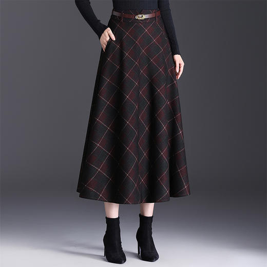 格纹通勤A字裙中长款，修身百褶大摆裙QYM-KYL-016-L 商品图1