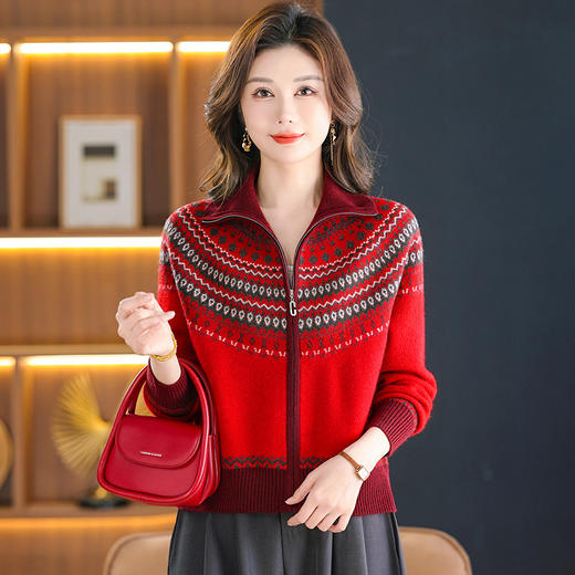 CC2025秋冬新款提花条纹女山翻领拉链开衫厚外套复古百搭长袖上衣女 商品图2