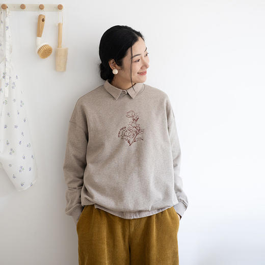 绽放028朵/茉莉花刺绣廓形纯棉长袖套头卫衣柔软亲肤宽松无帽上衣 商品图0