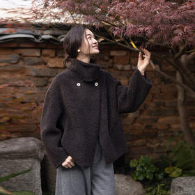 绽放025朵/纯羊毛设计感半高领短款羊羔毛外套女宽松一手长厚外套