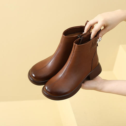 丁摩 雪地靴女秋冬真皮后拉链英伦厚底羊毛里粗跟百搭大码短靴5ZF-9979 商品图0