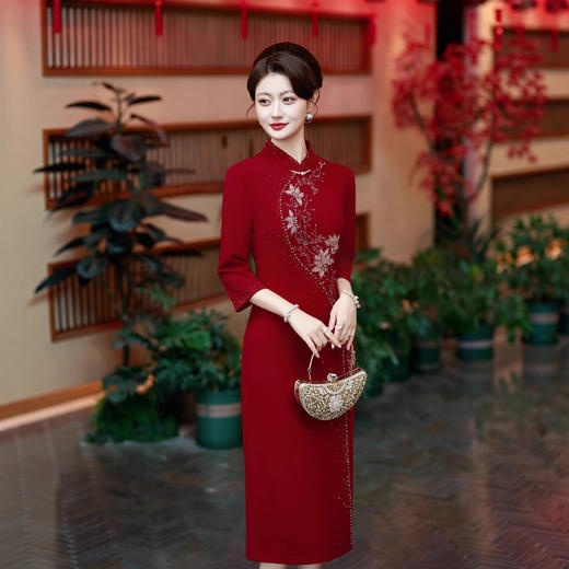 酒红色结婚礼服旗袍喜婆婆婚宴旗袍妈妈装礼服DL62569 商品图3
