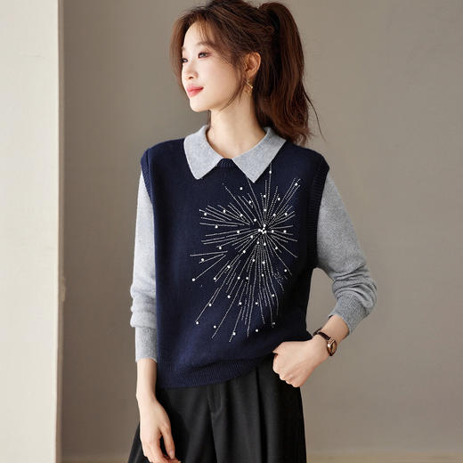 CC重工烫钻假两件翻领2025秋冬保暖针织衫女灰色设计感叠穿打底衫厚 商品图0