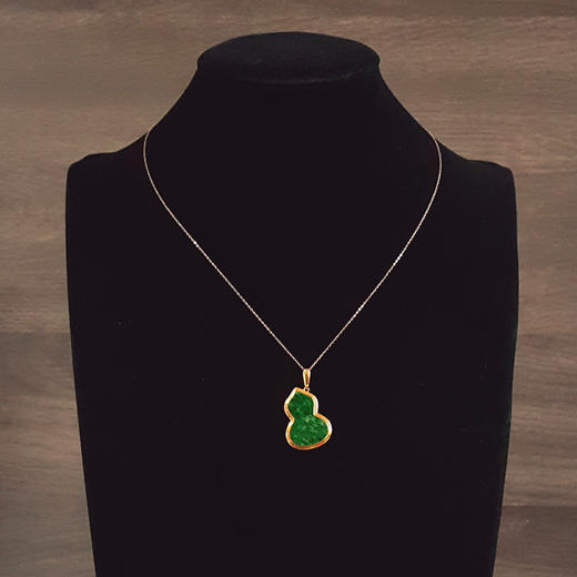 【天然正品】A货翡翠AU750黄金镶钻镶天然细腻满绿细豆种葫芦（福禄平安）翡翠吊坠项链26.6*19.4*3.7MM(皆取最大值)链长：45CM（长度可调节） 171225NJS45 商品图8
