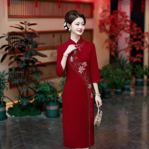酒红色结婚礼服旗袍喜婆婆婚宴旗袍妈妈装礼服DL62569 商品图2