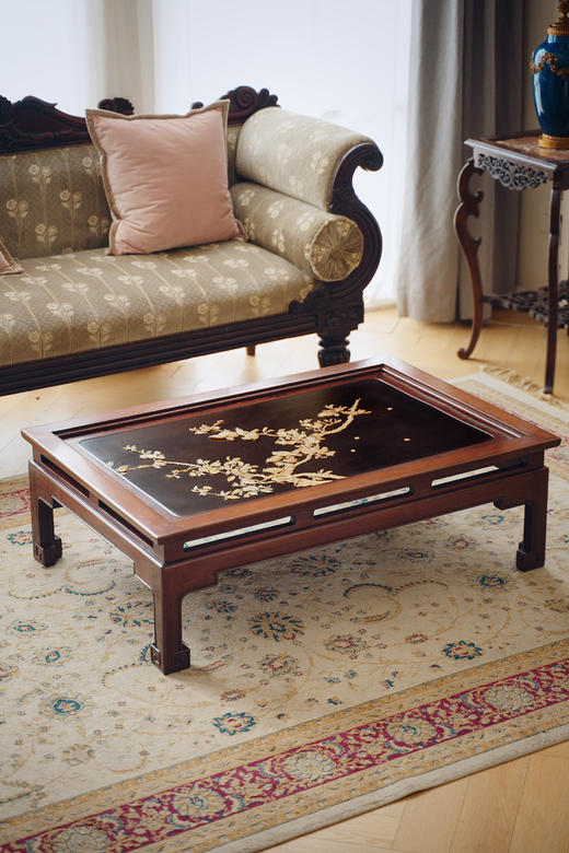 独角鹿西洋古董20世纪末日本出品花叶纹漆地彩绘装饰玻璃桌面花鸟主题芝山镶嵌实木精雕桌几 商品图2