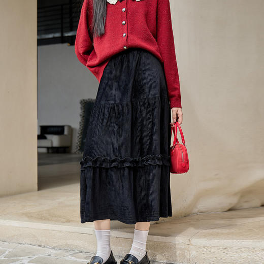 奢姿大码女装2025冬季胖妹妹时尚减龄灯芯绒荷叶边多层设计半身裙9954470630 商品图1