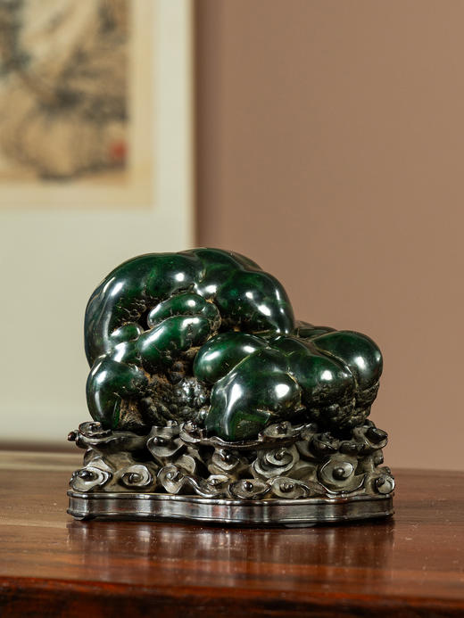 清	孔雀石文房赏石（红木座） 商品图0