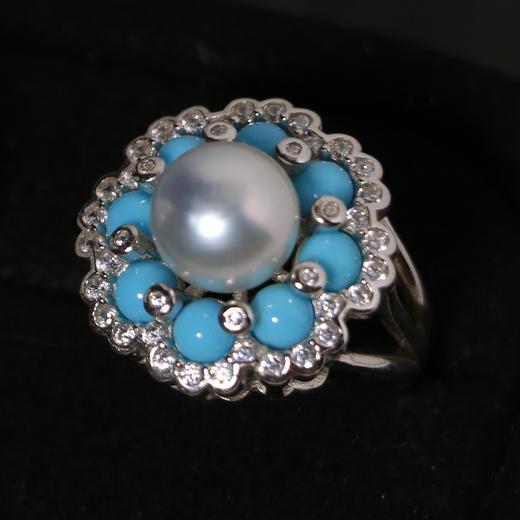 【甄珠贝】澳白 9-10mm 人造绿松 珍珠戒指 925纯银配件 商品图0