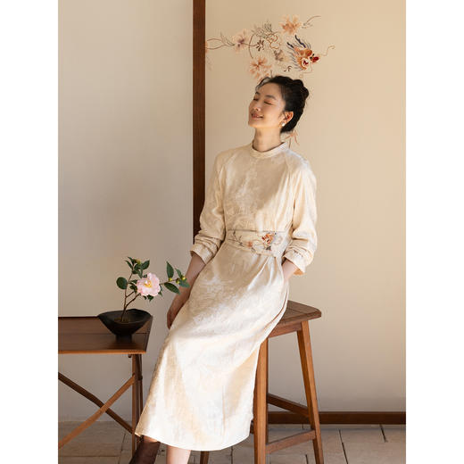 牧衣游原创 28姆米提花丝麻棉手工刺绣连衣裙宽松复古新中式 与雾 商品图1