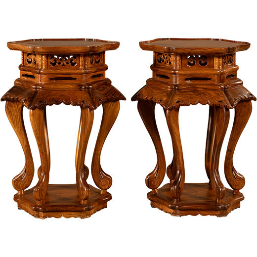 二十世纪	黄花梨高束腰三弯腿六足带托泥香几（一对） 商品图5