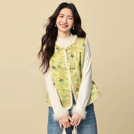 【12/31新品】熙世界新中式提花马甲女外穿冬季国风仿貂毛加厚夹棉马夹叠穿背心 商品图3