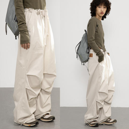 CryingCenter 米白色降落伞裤伞兵裤中低腰抽绳基础工装 哭喊中心 商品图0