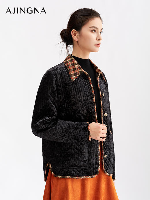 【商场同款】阿菁娜冬季新款弹力显瘦格纹丝绒绗棉内里锁温挺括复古版型棉服A30D115019 商品图1