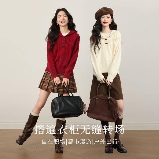【12/31新品】熙世界牛角扣连帽套头毛衣秋冬新年本命年气质复古红色绞花针织衫 商品图2