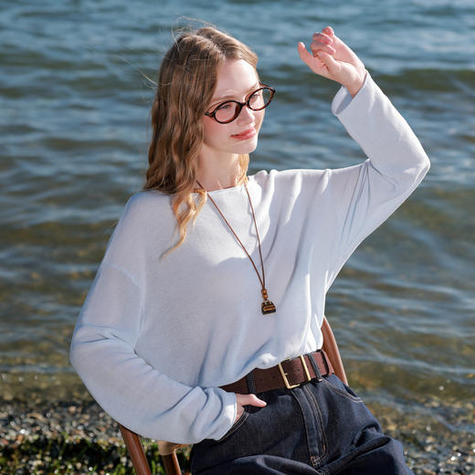 三彩2026春季新款莱赛尔针织衫圆领毛衫宽松落肩袖休闲M 商品图1