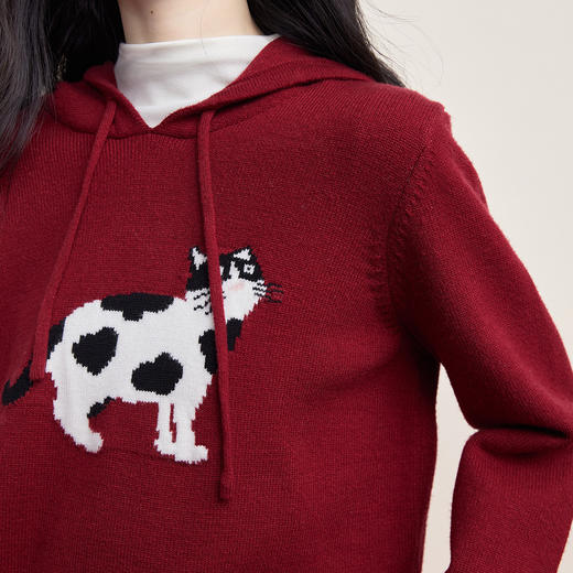【年货节】熙世界休闲风猫咪提花红色毛衣女连帽秋冬减龄新年穿搭套头针织衫 商品图3