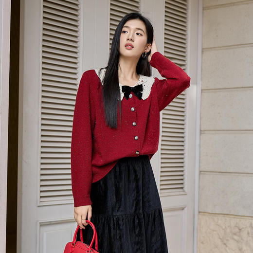 奢姿大码女装2025冬季时尚蕾丝娃娃领针织开衫胖妹妹气质减龄上衣9854691089 商品图1