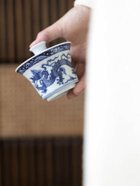 【怀宣临古】青花明永宣龙纹马蹄二才盖碗满容约150cc