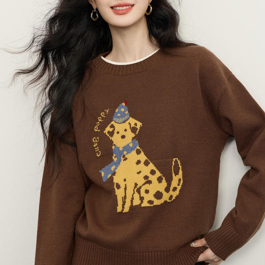 【12/31新品】熙世界韩系小狗提花毛衣女套头2025冬季新款加厚纤绒纱圆领针织衫 商品图3
