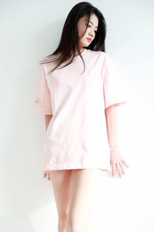 pink字母tee，法式复古设计。正肩宽松全棉粉色情侣款t恤C123158 商品图8