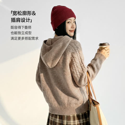 马登咖色半开领宽松加厚保暖套头连带帽针织毛衣卫衣外穿女士秋冬 商品图2
