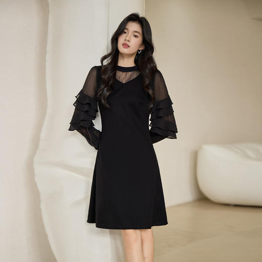 奢姿大码女装2025冬季胖妹妹时尚黑纱层叠袖设计气质圆领连衣裙9954870682 商品图4