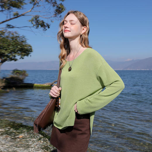 三彩2026春季新款莱赛尔针织衫圆领毛衫宽松落肩袖休闲M 商品图2