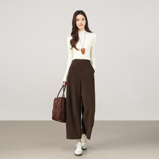 【12/31新品】熙世界棕咖色九分梧桐裤女宽松阔腿裤冬季加厚小个子坑条直筒裤子 商品图4