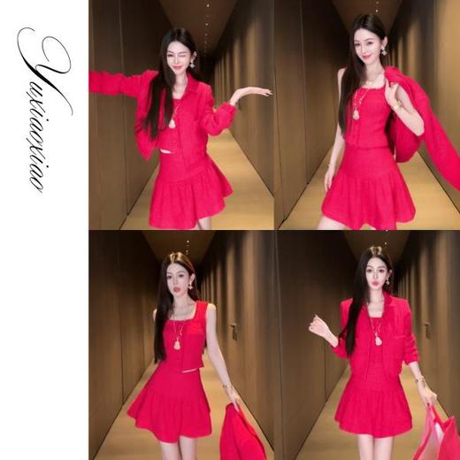 余潇潇【瑰丽绮梦】气质羊毛混纺小香风短外套&方领吊带上衣&短半裙 商品图0