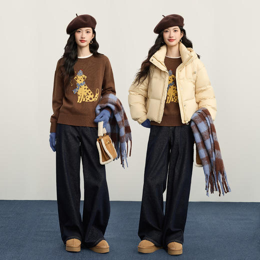 【12/31新品】熙世界韩系小狗提花毛衣女套头2025冬季新款加厚纤绒纱圆领针织衫 商品图2