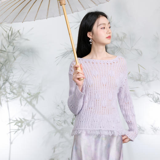 三彩【薄雾浓云】2026春季新款新中式针织衫一字领镂空毛衫C 商品图2