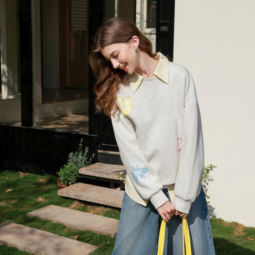 三彩2026春季新款花朵印花卫衣套头衫宽松休闲落肩袖上衣M 商品图2