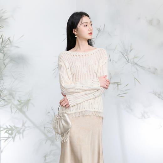 三彩【薄雾浓云】2026春季新款新中式针织衫一字领镂空毛衫C 商品图1