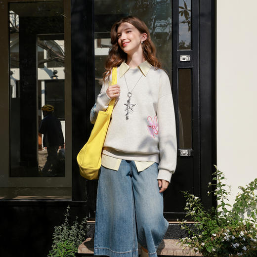 三彩2026春季新款花朵印花卫衣套头衫宽松休闲落肩袖上衣M 商品图1