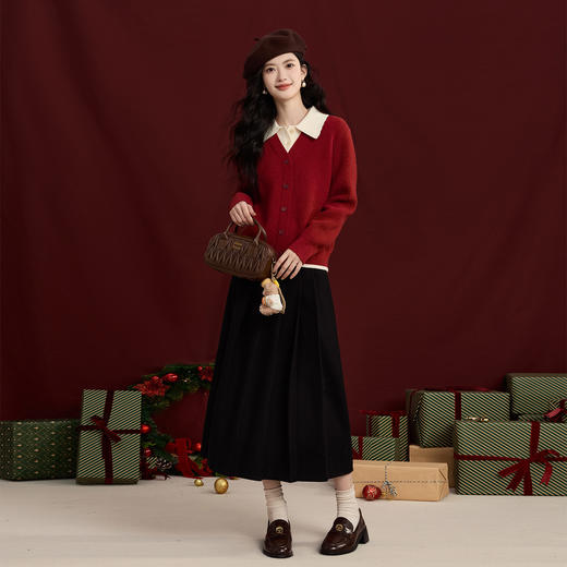 【12/31新品】熙世界假两件红毛衣女士秋冬季套头撞色POLO领拼接针织衫新年穿搭 商品图2