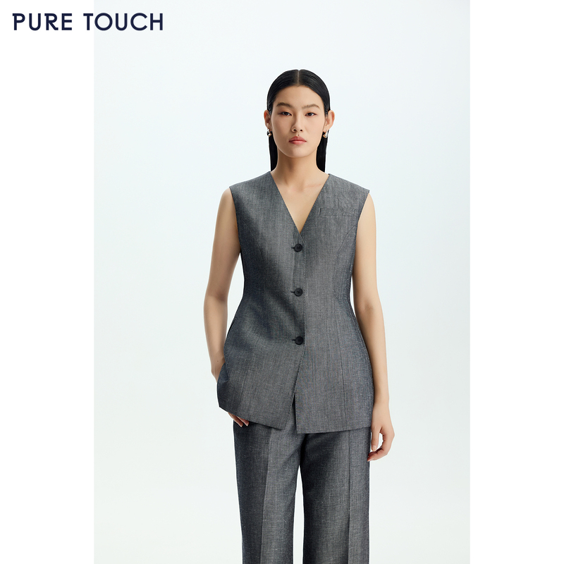 商场同款PURE TOUCH女装26春夏新款v领西装马甲收腰羊毛亚麻马夹