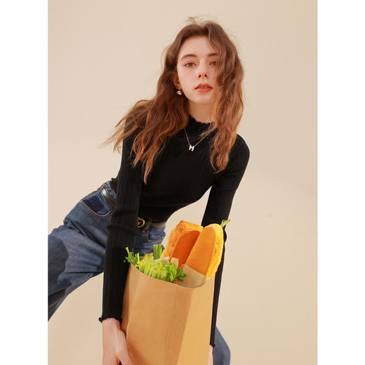 三彩2026春季新款坑条针织衫木耳边半高领修身打底内搭长袖M 商品图2