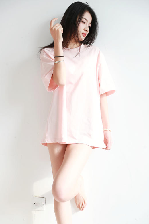 pink字母tee，法式复古设计。正肩宽松全棉粉色情侣款t恤C123158 商品图9