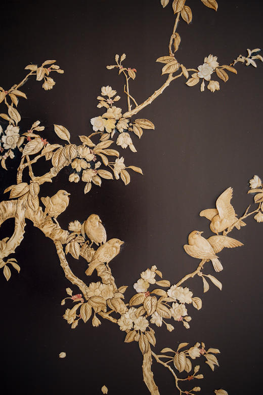 独角鹿西洋古董20世纪末日本出品花叶纹漆地彩绘装饰玻璃桌面花鸟主题芝山镶嵌实木精雕桌几 商品图4