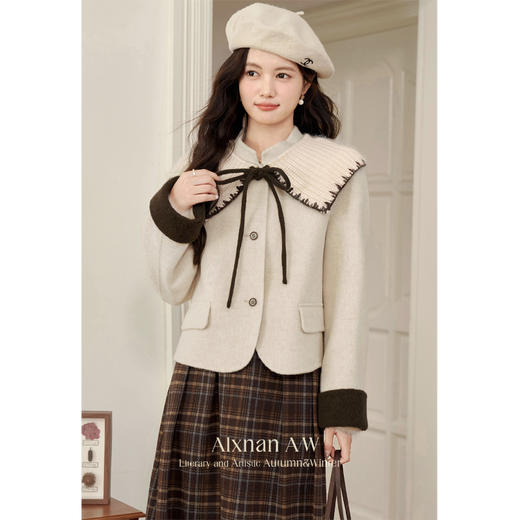 鹿向南「里斯美术馆」海军领毛呢外套2025秋冬杏色假两件短上衣女 商品图4