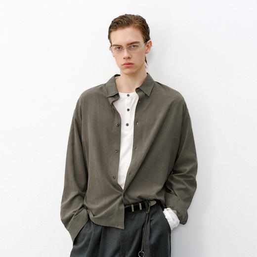 714street 100%莱赛尔透气凉感长袖衬衫男款2026春季复古宽松衬衣 商品图0