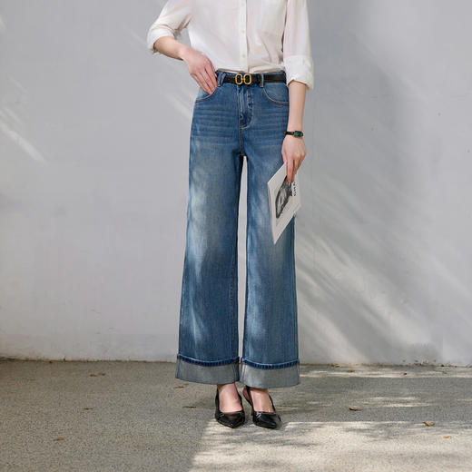 三彩2026春季新款休闲牛仔裤卷边高腰宽松直筒裤九分裤S 商品图1