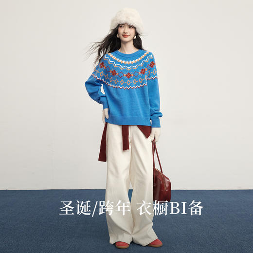 【12/31新品】熙世界2025秋冬新款费尔岛提花毛衣女套头长袖宽松蓝色针织衫上衣 商品图2