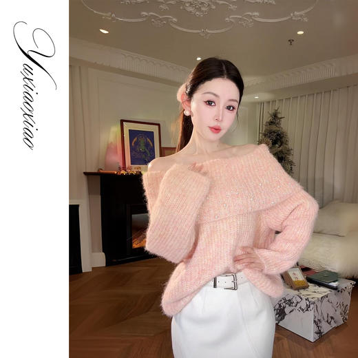 余潇潇【心动宣言】慵懒氛围感珍珠点缀一字领宽松软糯针织毛衣女 商品图3