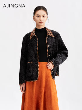 【商场同款】阿菁娜冬季新款弹力显瘦格纹丝绒绗棉内里锁温挺括复古版型棉服A30D115019