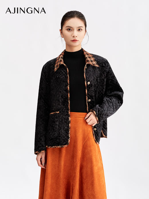 【商场同款】阿菁娜冬季新款弹力显瘦格纹丝绒绗棉内里锁温挺括复古版型棉服A30D115019 商品图0